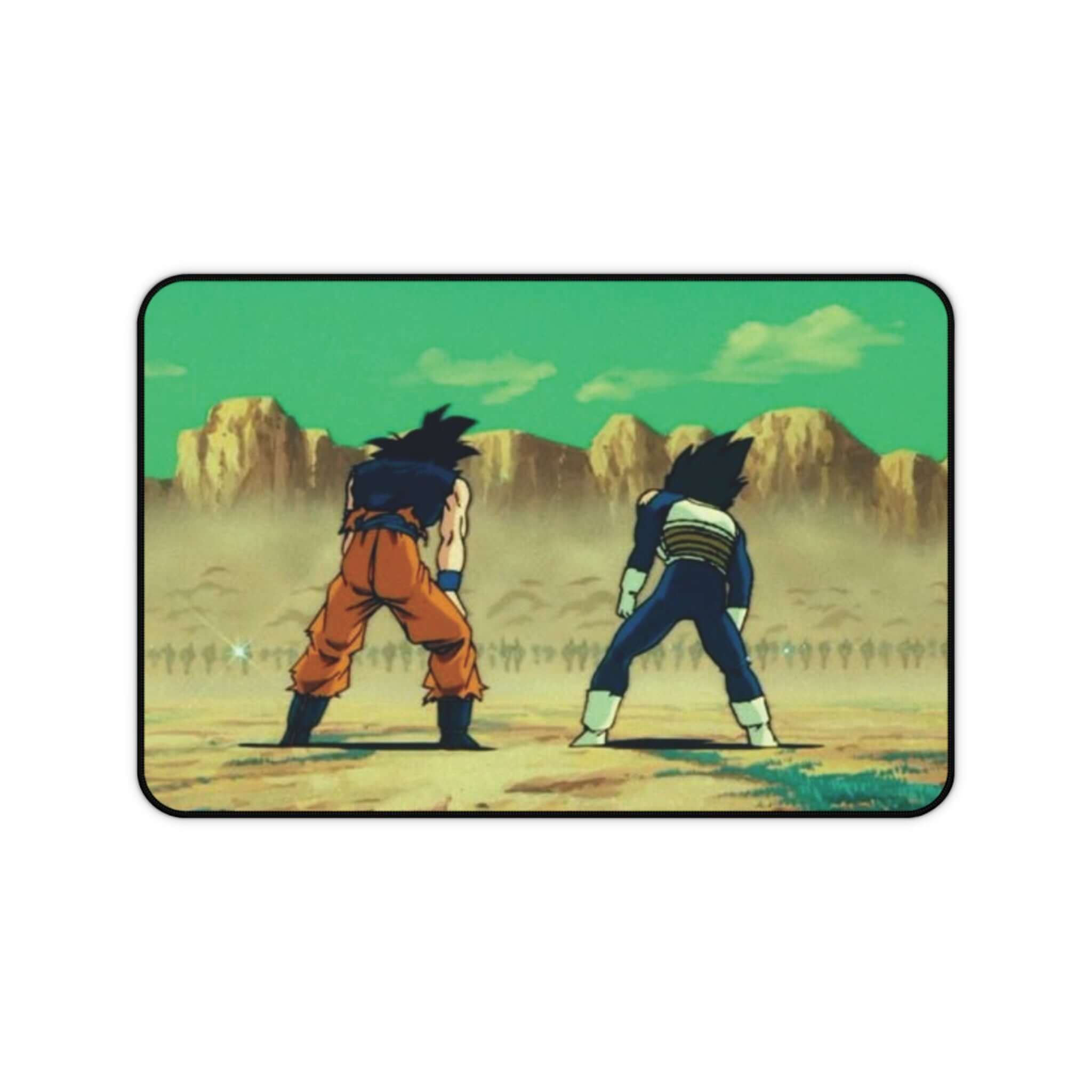Dragon Ball Z anime desk mat featuring Goku and Vegeta facing a sunlit arena background.