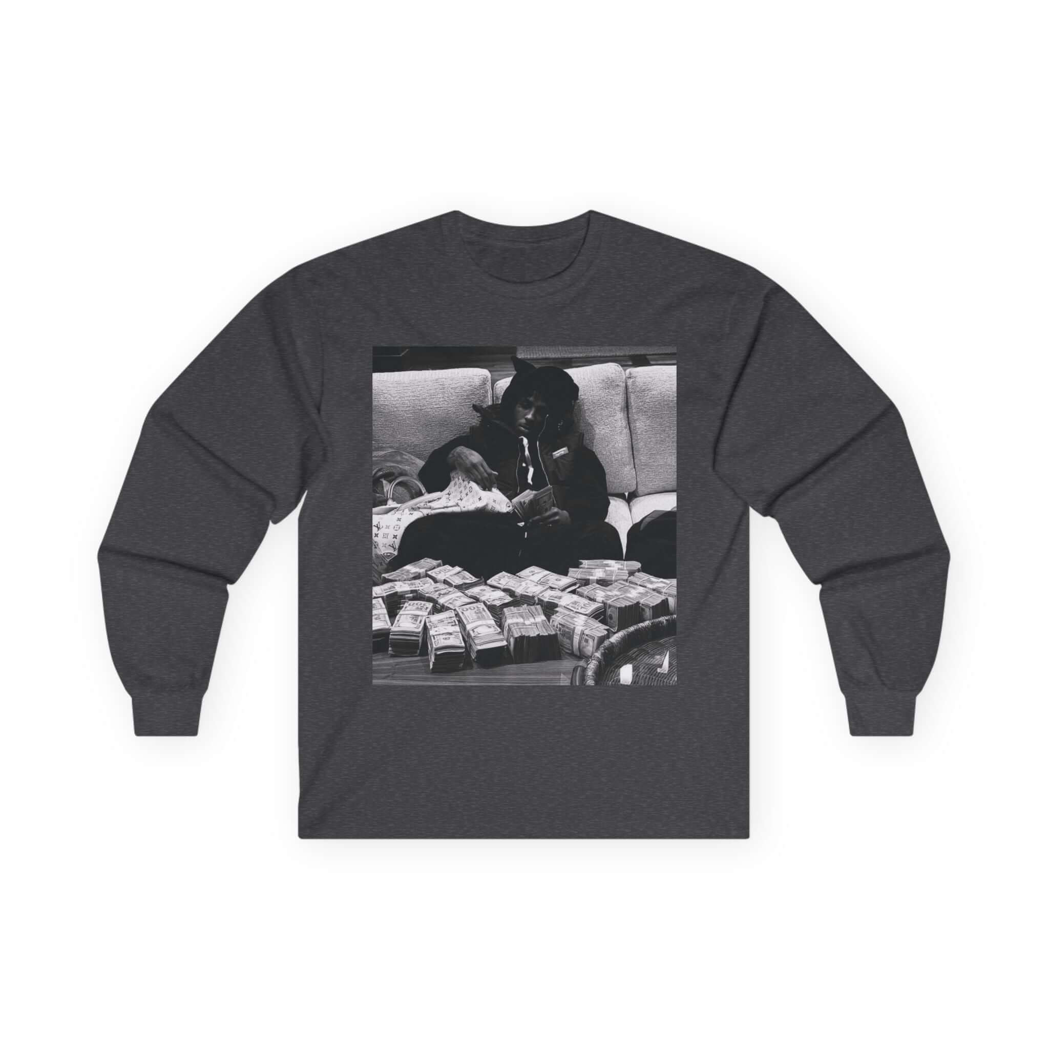 YoungBoy moneystack tee featuring a monochrome print of someone lounging with stacks of cash.