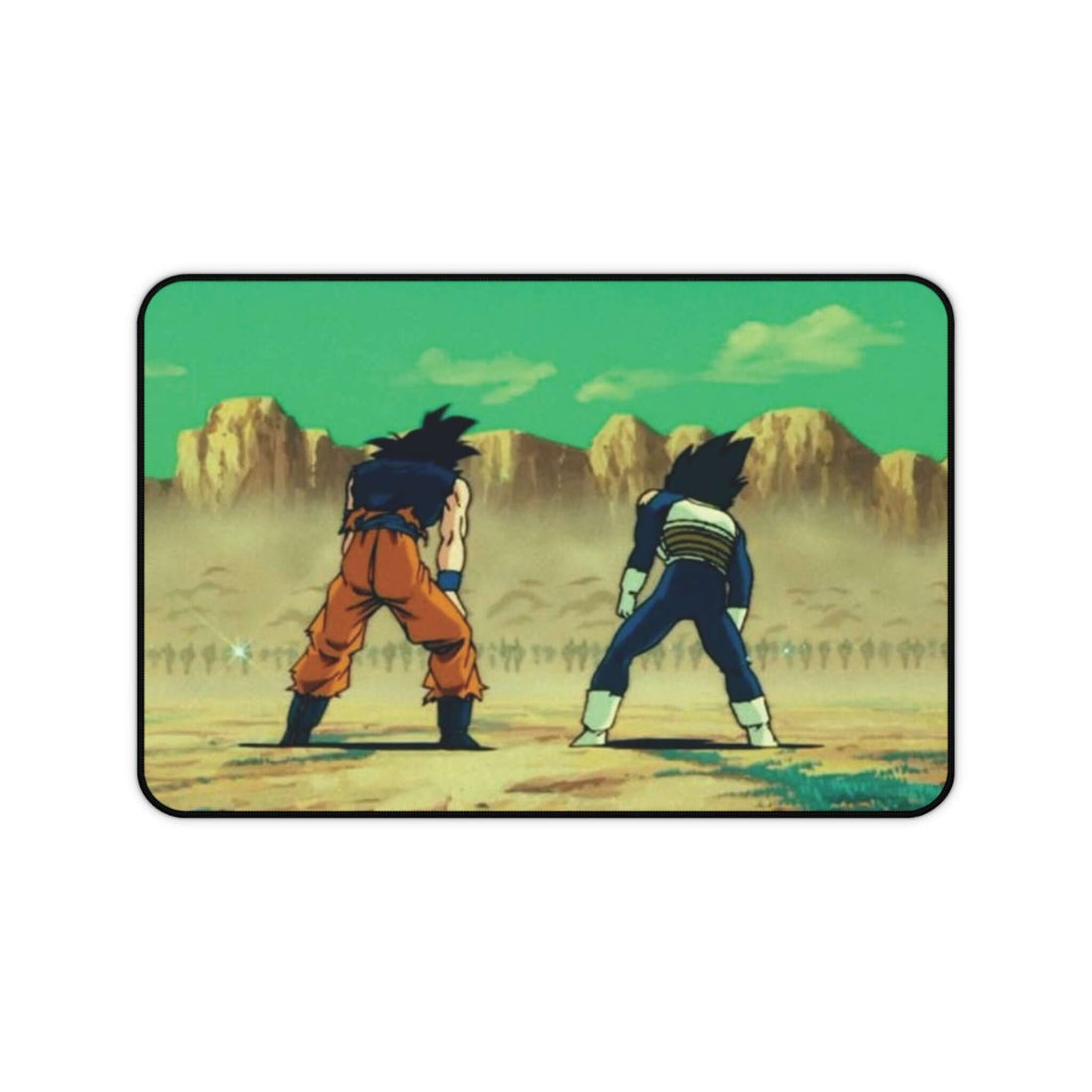 Dragon Ball Z anime desk mat featuring Goku and Vegeta facing a sunlit arena background.