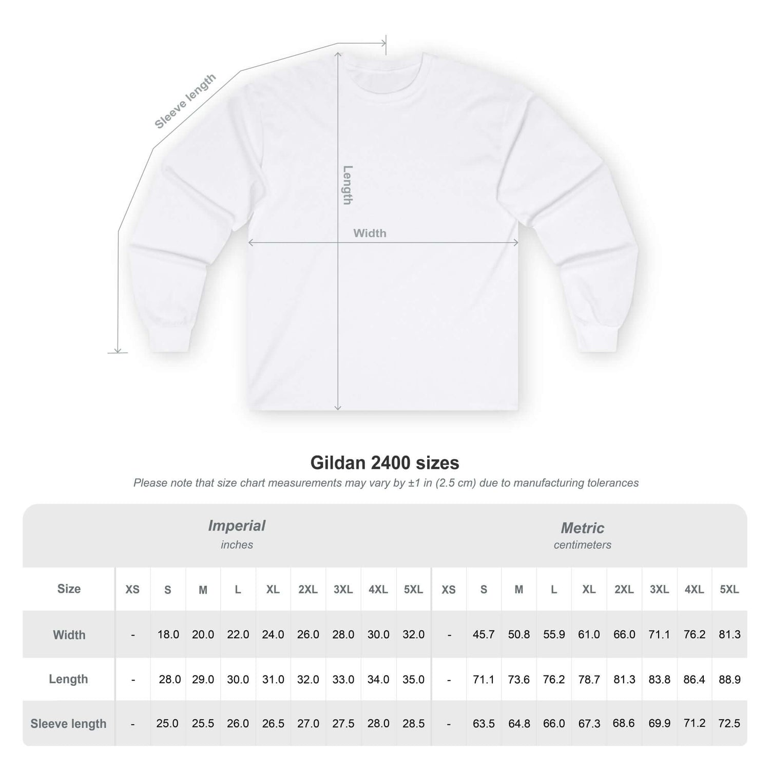 YoungBoy moneystack tee size chart for Gildan 2400, showing measurements in inches and centimeters.