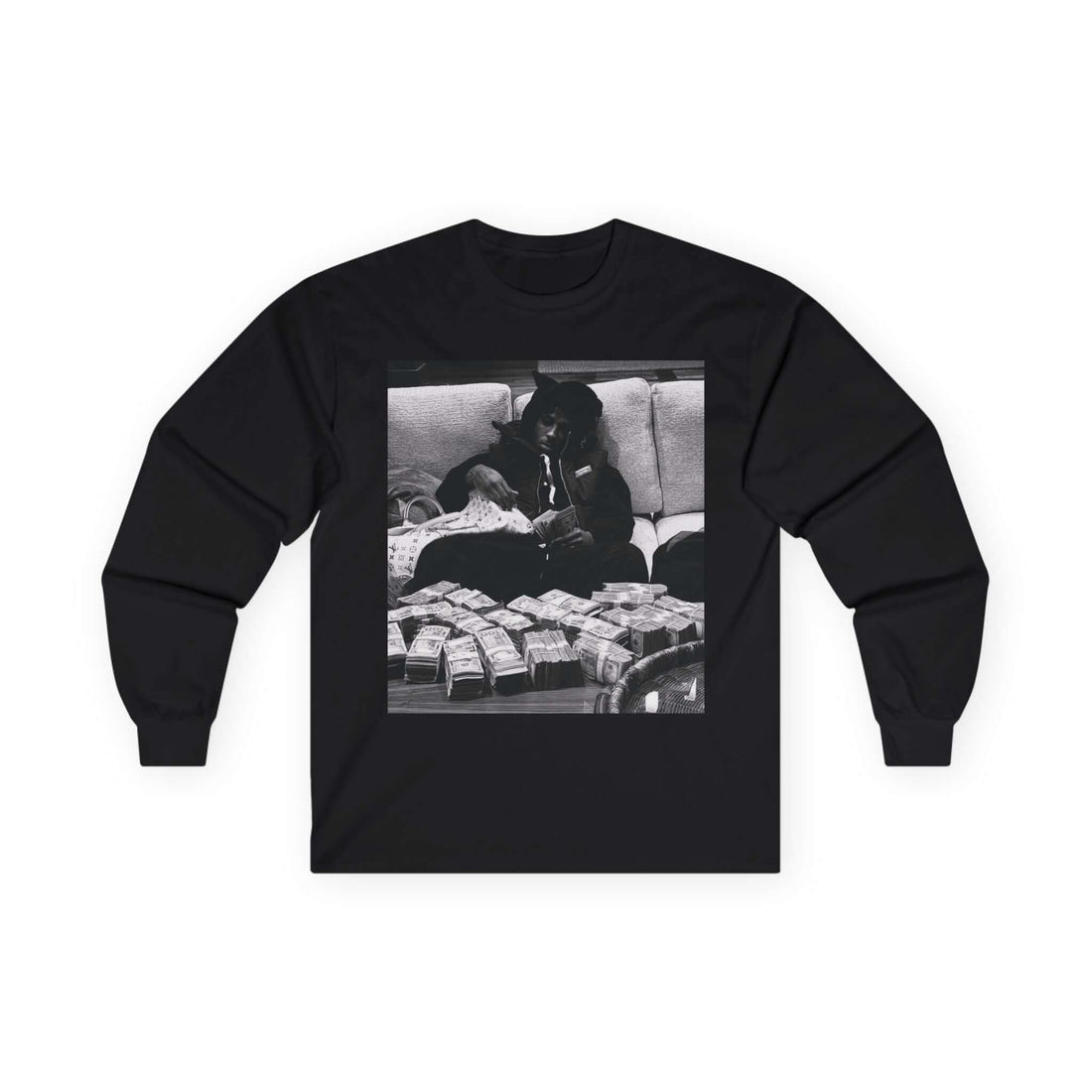 YoungBoy moneystack tee featuring a monochrome print of a person lounging with cash on a black long sleeve shirt.