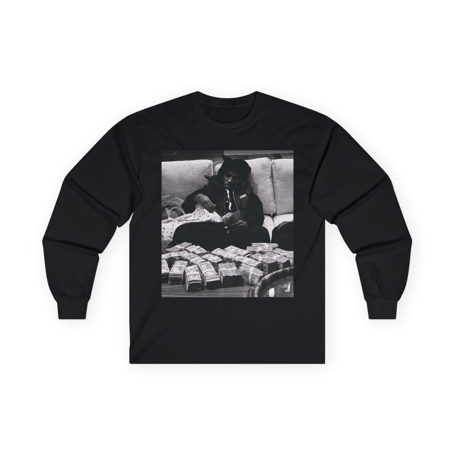 YoungBoy moneystack tee featuring a monochrome print of a person lounging with cash on a black long sleeve shirt.