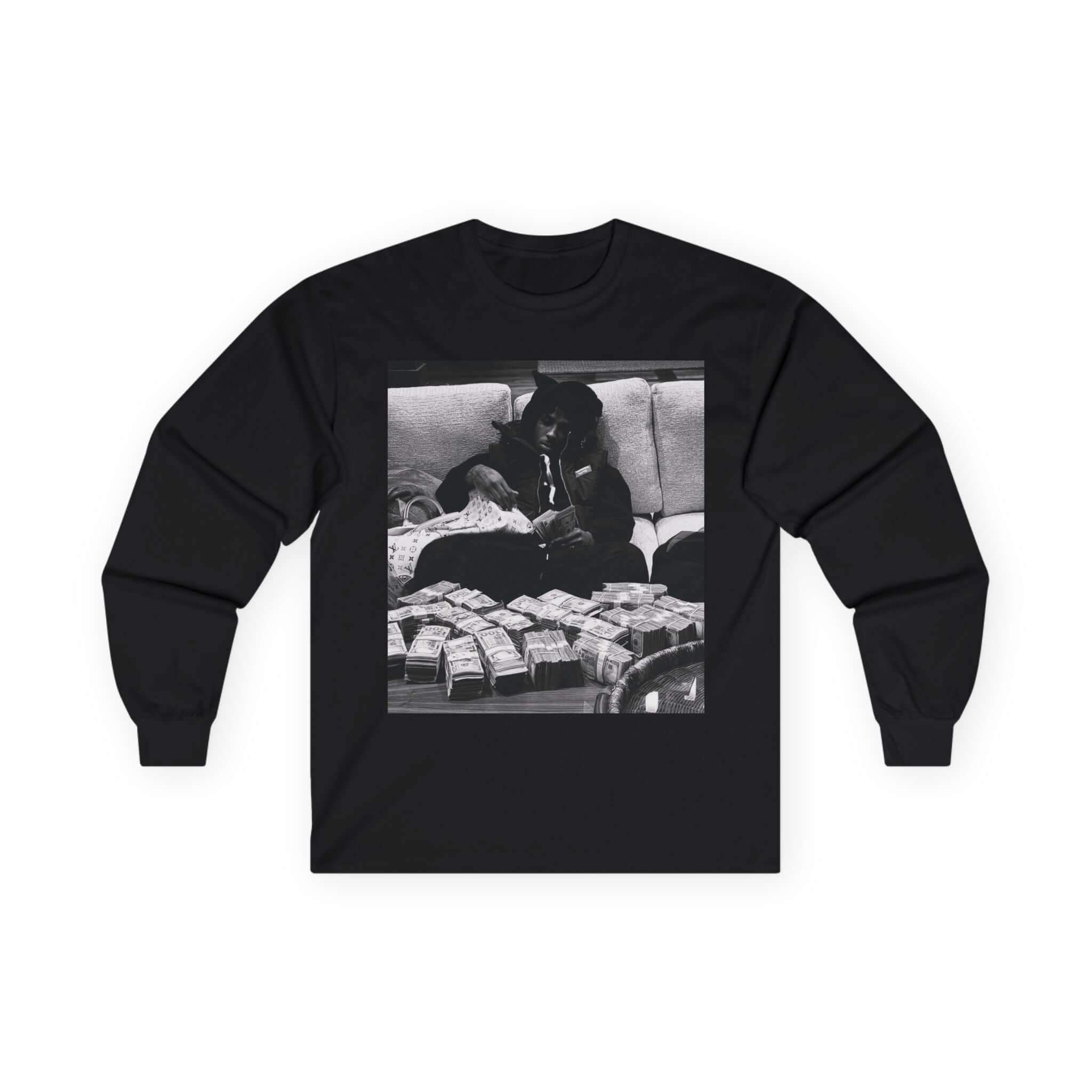 YoungBoy moneystack tee featuring a monochrome print of a person lounging with cash on a black long sleeve shirt.