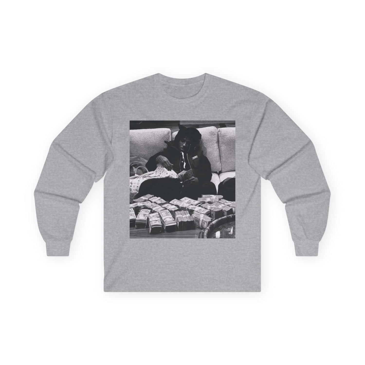 YoungBoy moneystack tee featuring a vintage gray long sleeve shirt with a monochrome photo of a person lounging with stacks of cash.
