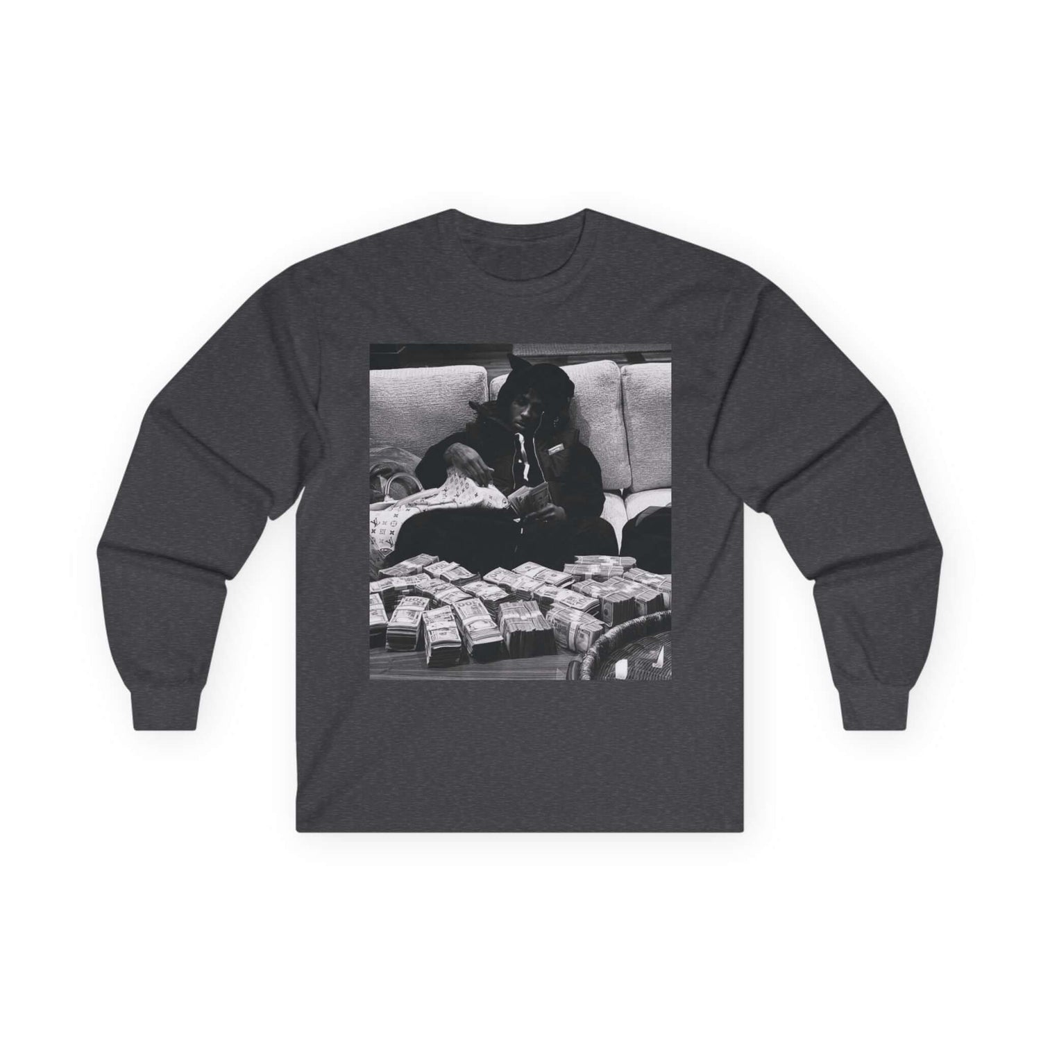 YoungBoy moneystack tee featuring a monochrome print of someone lounging with stacks of cash.