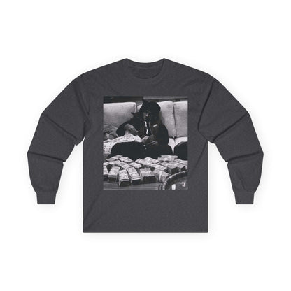 YoungBoy moneystack tee featuring a monochrome print of someone lounging with stacks of cash.