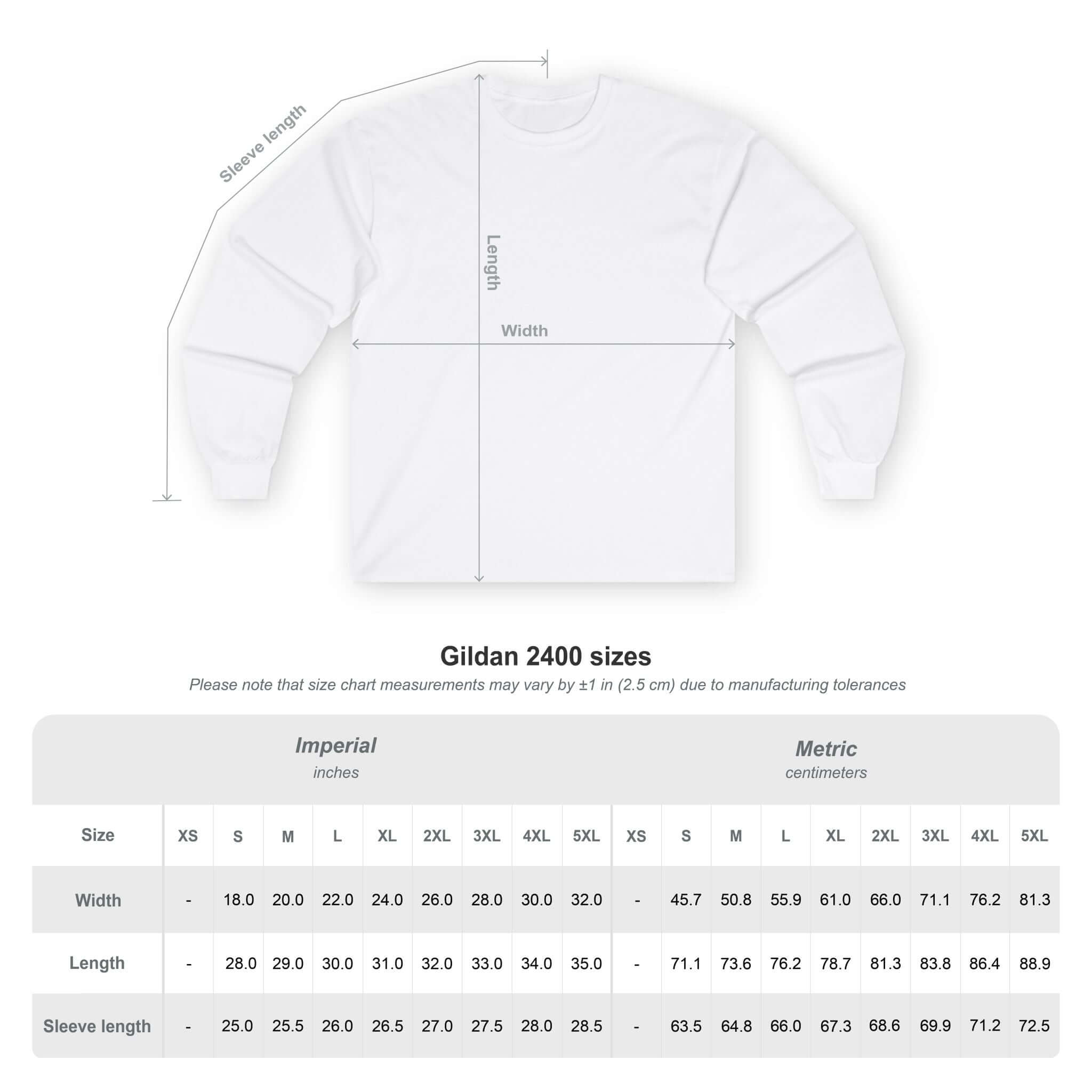 Size chart for YoungBoy moneystack tee showing measurements in inches and centimeters for Gildan 2400 long sleeve shirt.